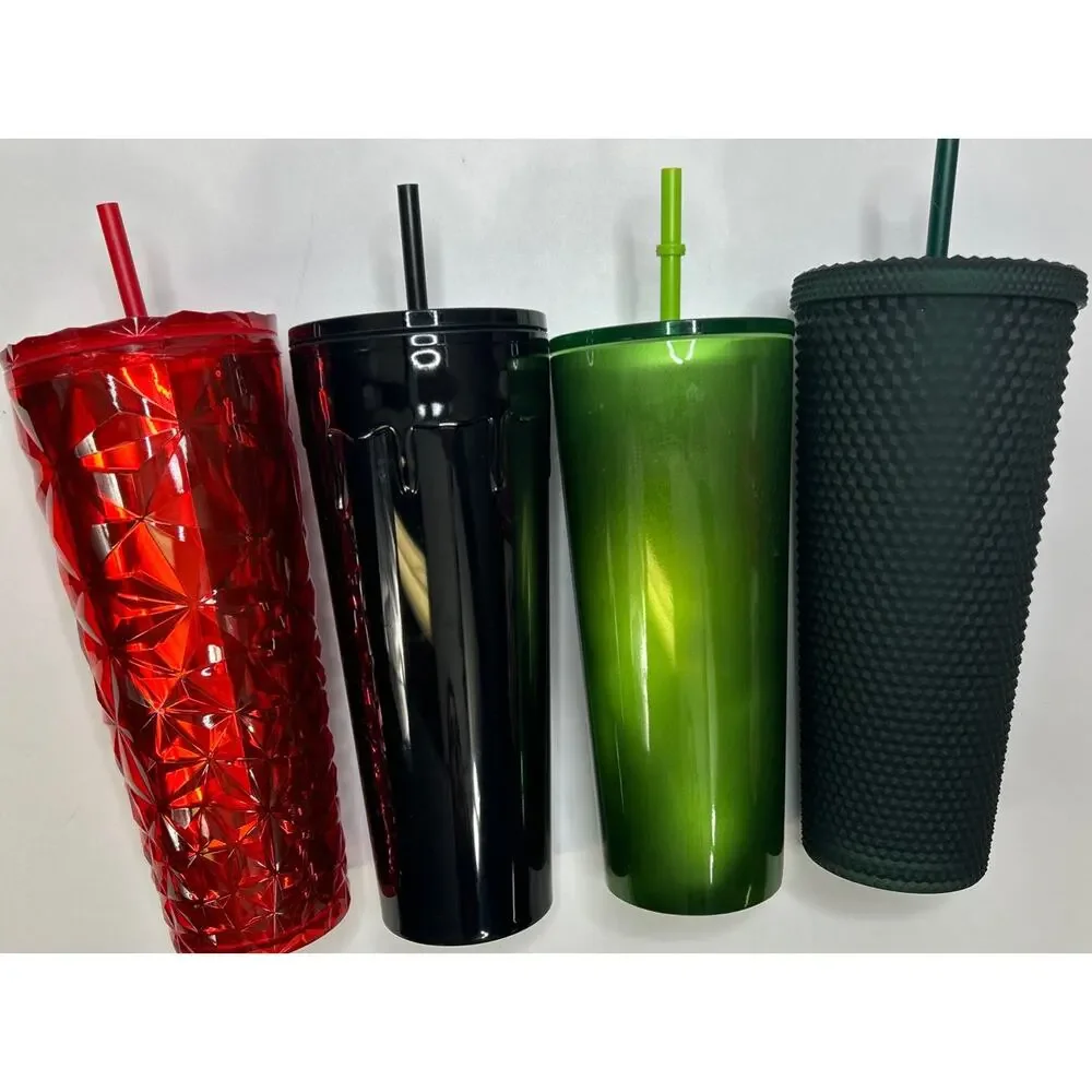 4 Starbucks Mermaid Tumblers Black Drip & Studded -Shiny Green-Red Stars 24 Oz